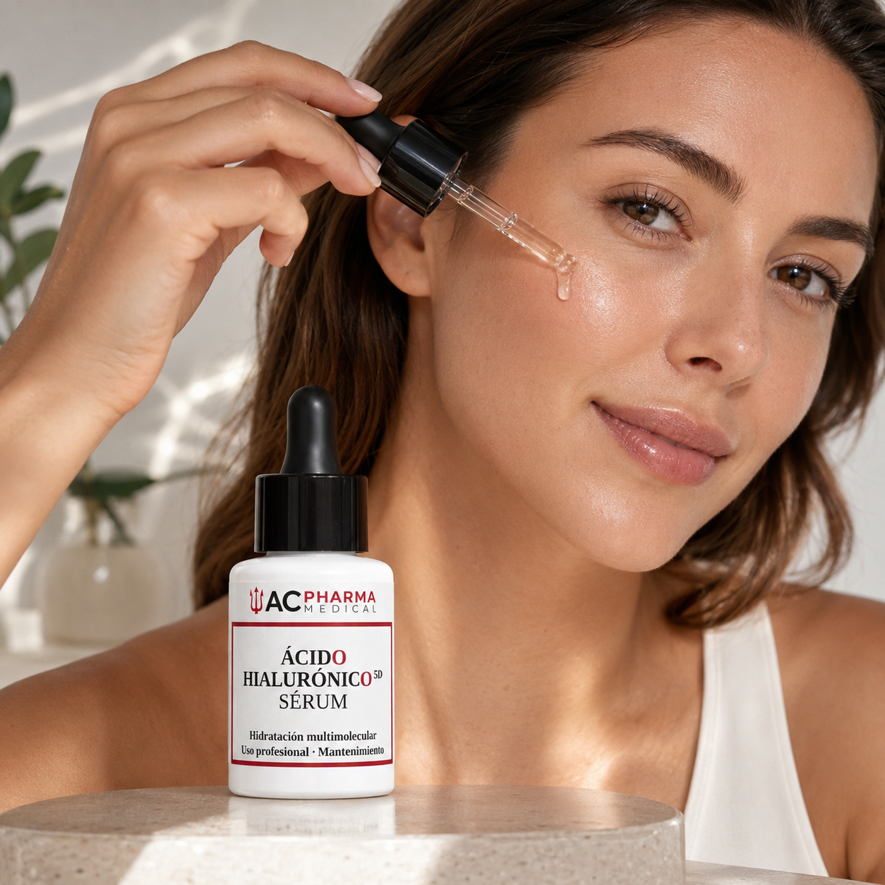 Mujer aplicando sérum de ácido hialurónico ACpharma Medical sobre la piel del rostro