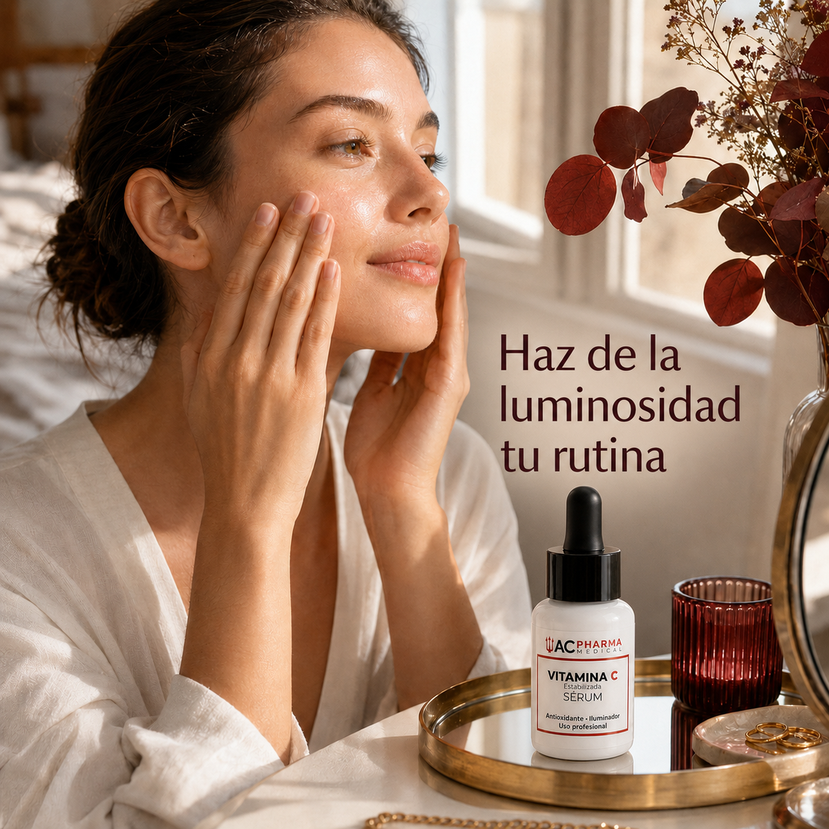Mujer cuidando la luminosidad del rostro con sérum de vitamina C profesional