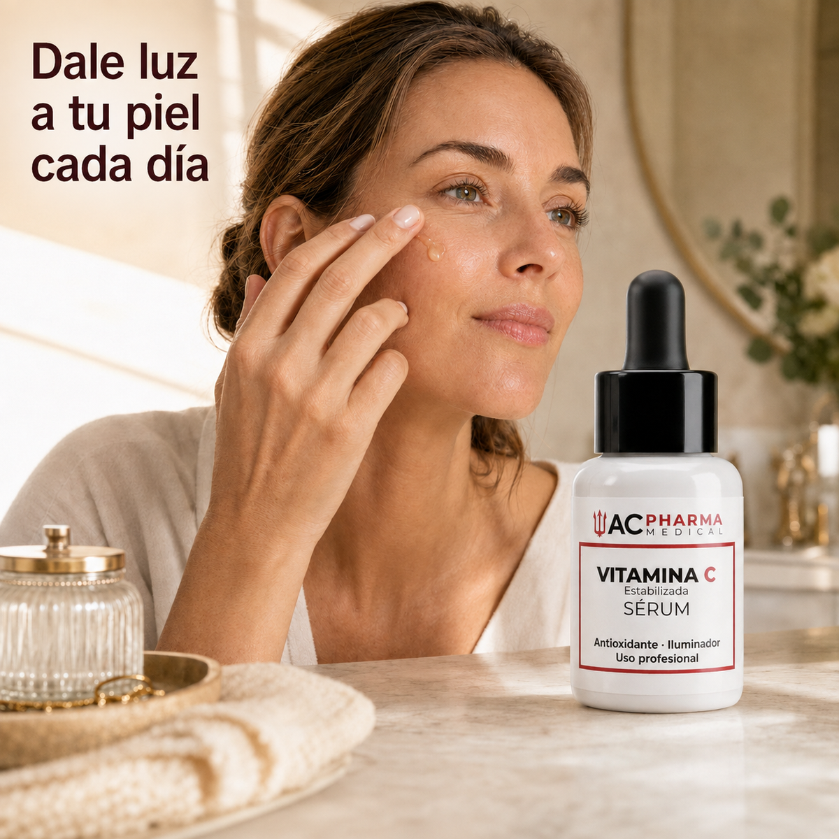 Mujer aplicando unas gotas de sérum de vitamina C sobre el rostro