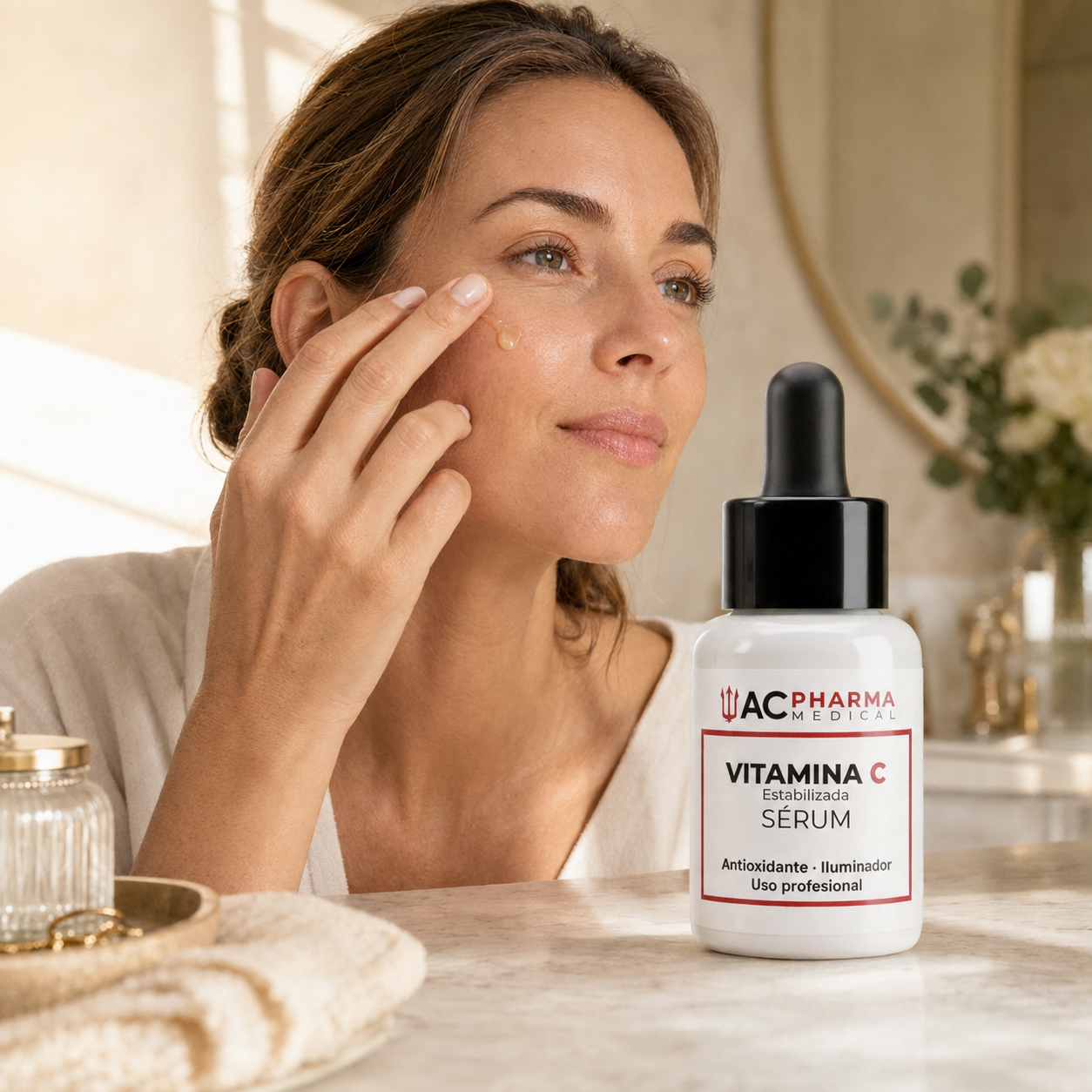 Mujer incorporando sérum de vitamina C a su rutina facial