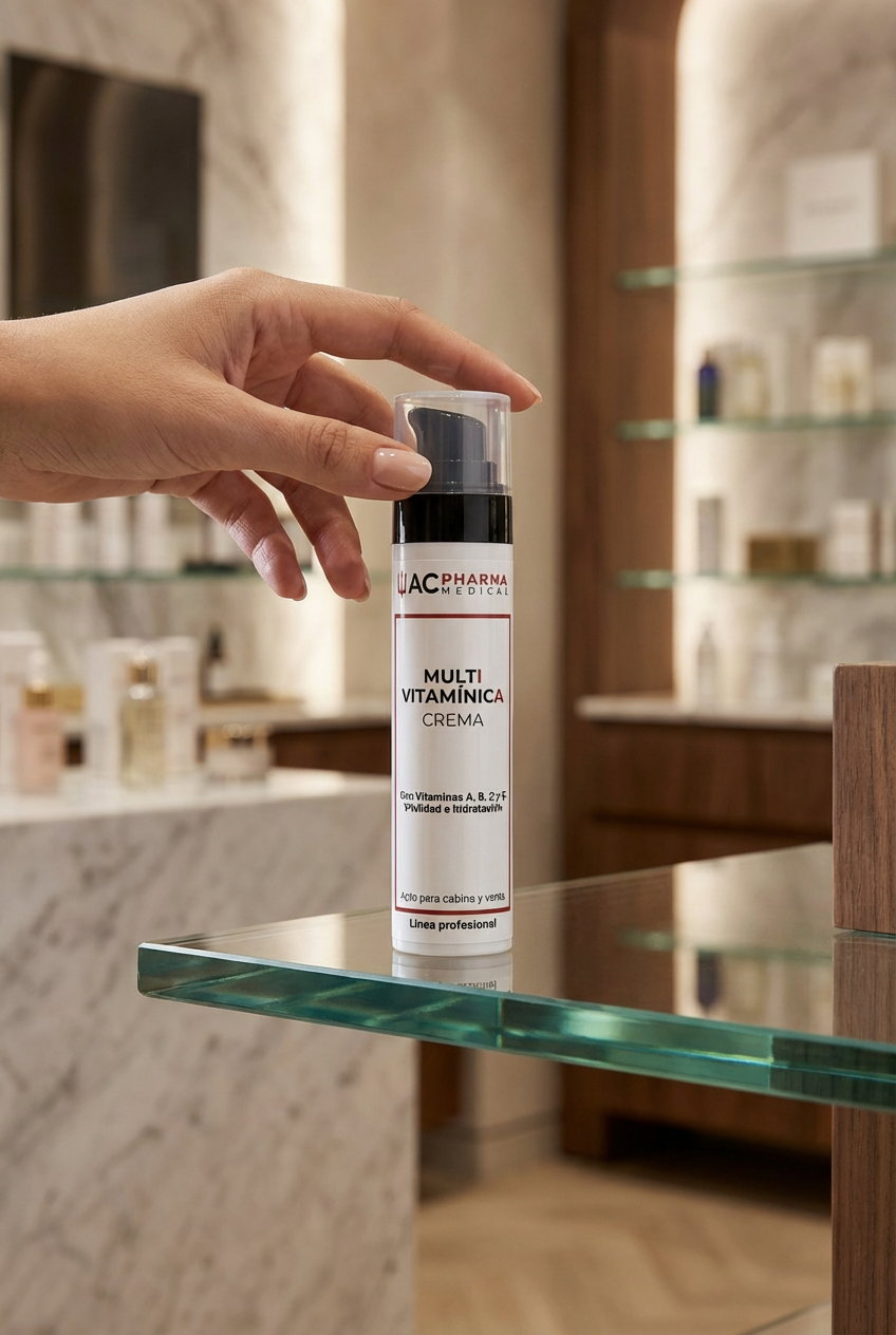 Envase profesional de crema multivitaminas ACpharma Medical para protocolos faciales antioxidantes en cabina estética
