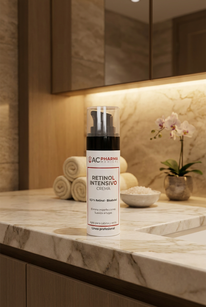 Envase profesional de Retinol Intensivo ACpharma Medical para protocolos antiedad y textura irregular en cabina estética