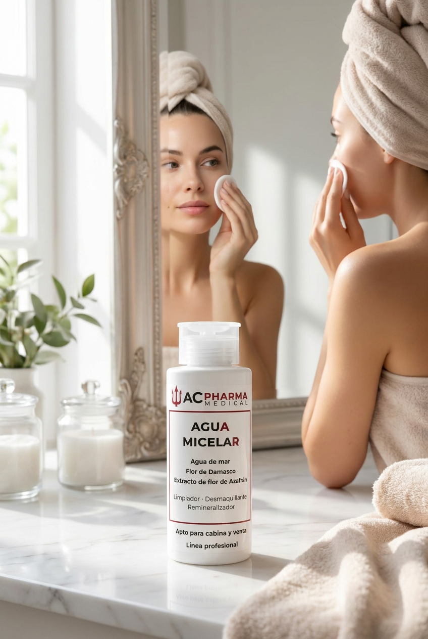 Envase profesional de Agua Micelar ACpharma Medical para limpieza facial en cabina estética