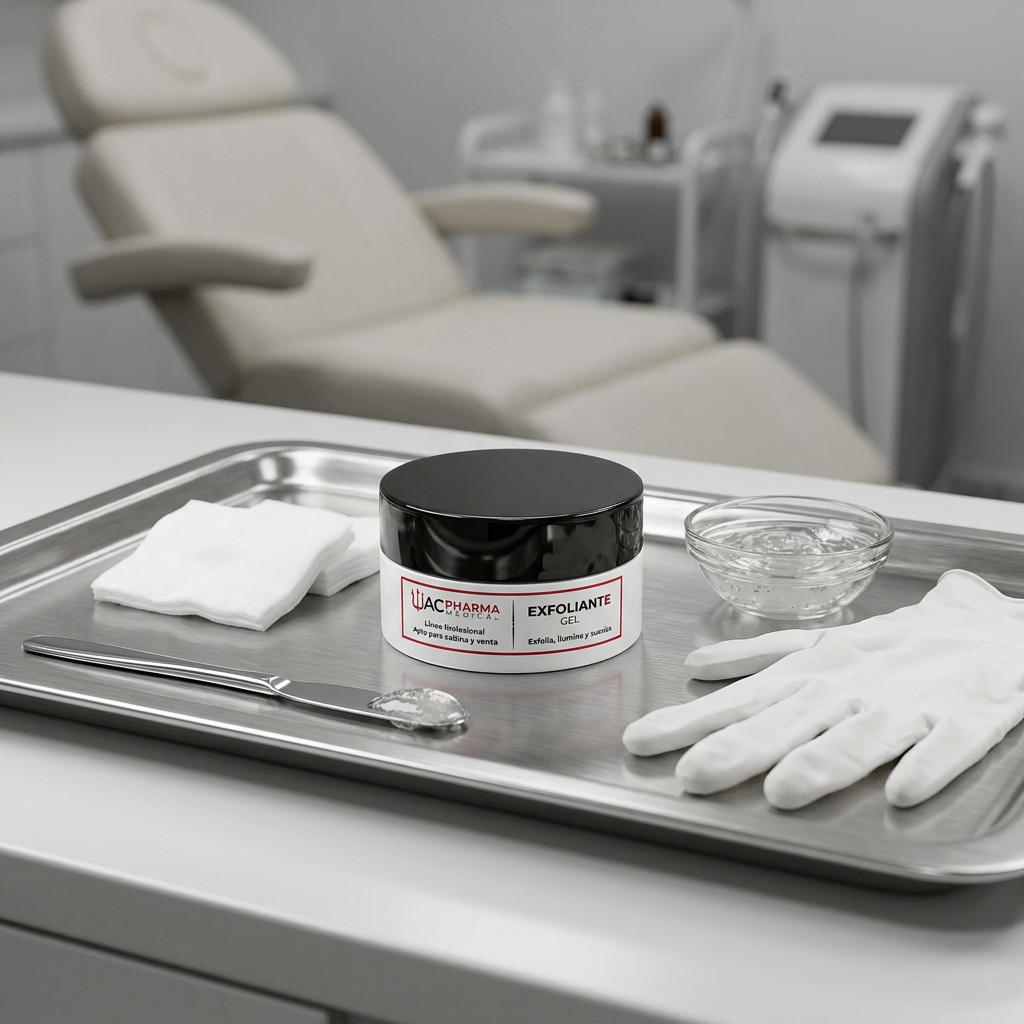 Envase profesional de gel exfoliante facial ACpharma Medical para protocolos de exfoliación en cabina estética