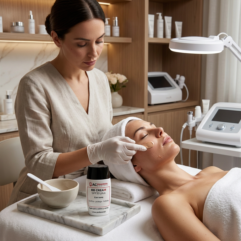 Crema solar facial con color para unificar el tono en cabina estetica