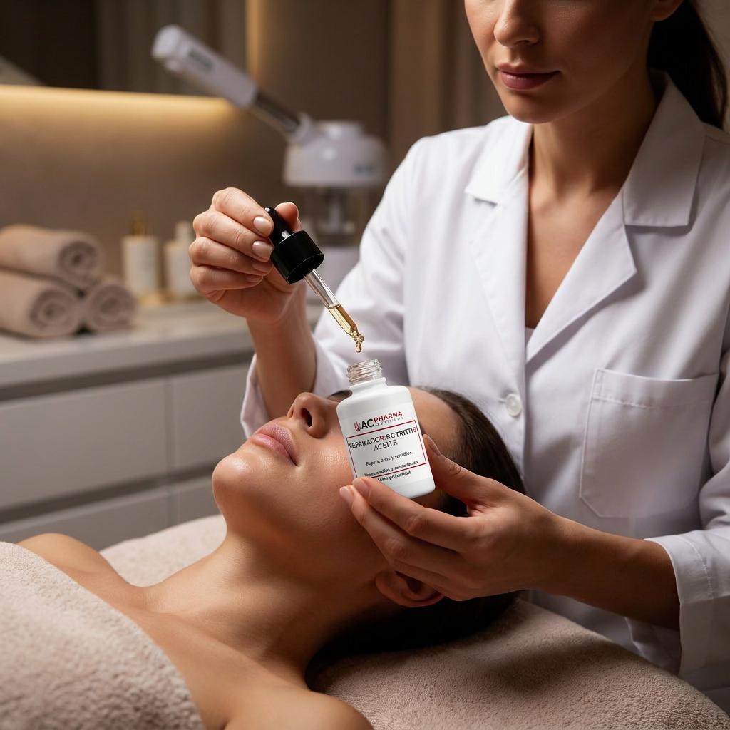 Aceite nutritivo facial de ACpharma Medical en centro estético para aportar suavidad y aspecto luminoso a la piel