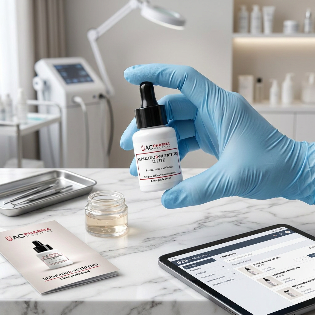 Envase de aceite reparador ACpharma Medical en entorno profesional para cuidado facial intensivo y confort cutáneo