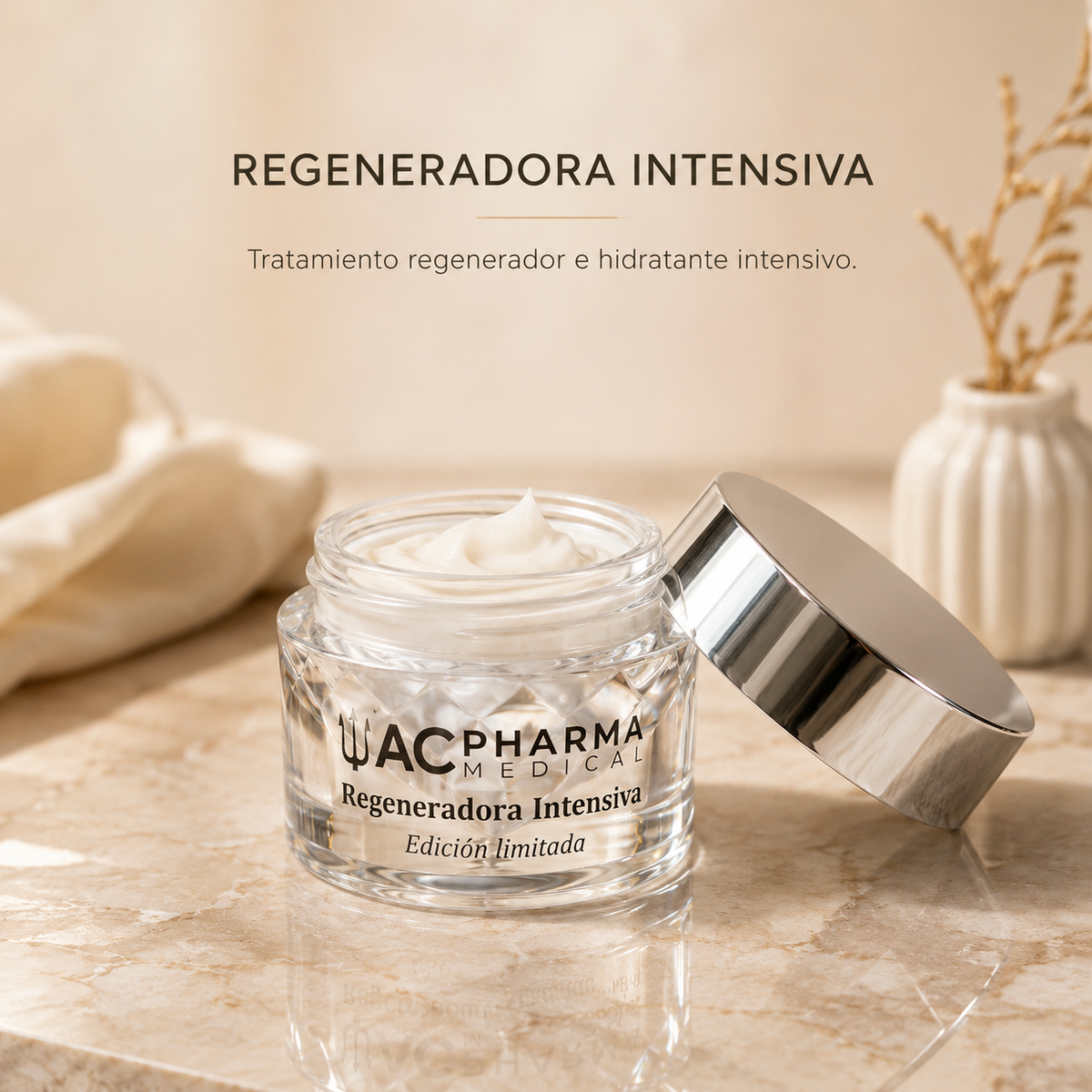 Tarro abierto de crema Regeneradora Intensiva con textura cremosa