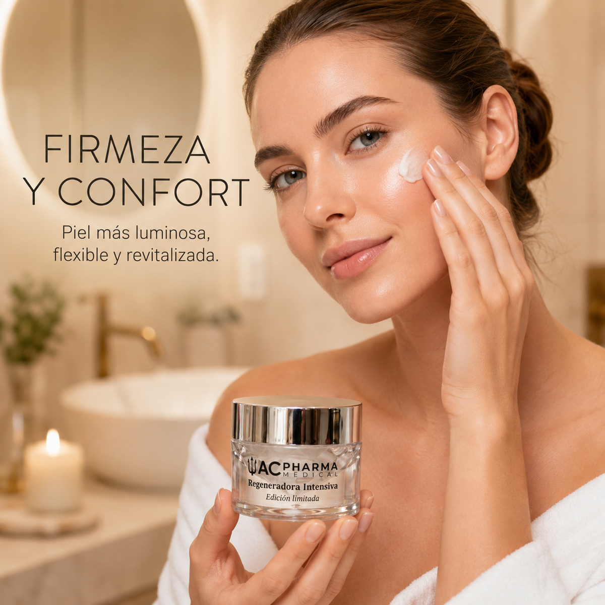 Mujer aplicando la crema Regeneradora Intensiva para aportar firmeza, confort y luminosidad
