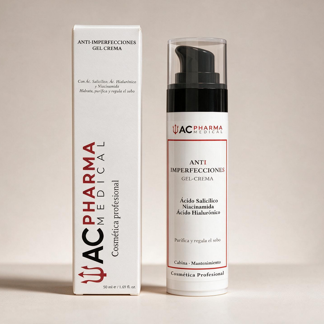 Gel-crema para piel con imperfecciones junto a su caja de 50 ml