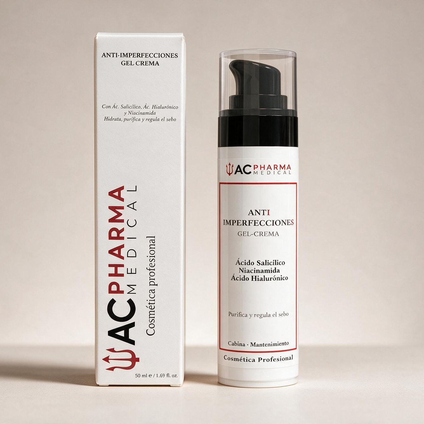 Gel-crema para piel con imperfecciones junto a su caja de 50 ml